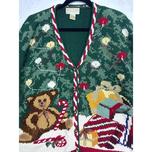 Vtg 90's Ugly Christmas Cardigan Sweater Women's M  Knit Bells Bows Teddy Bear - Picture 2 of 13